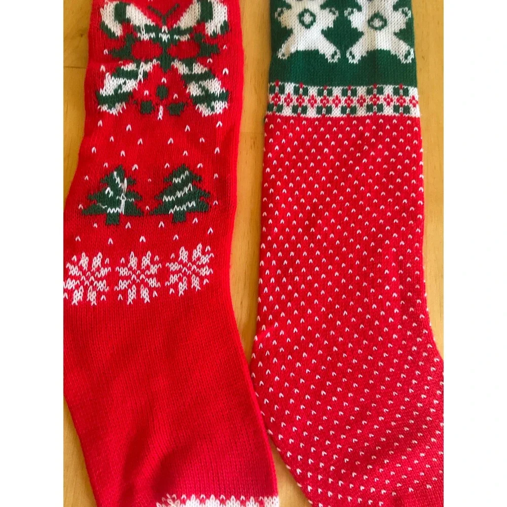 Vintage Knit Christmas Stockings Set 2 Teddy Bear Candy Cane Red Green Pom Poms